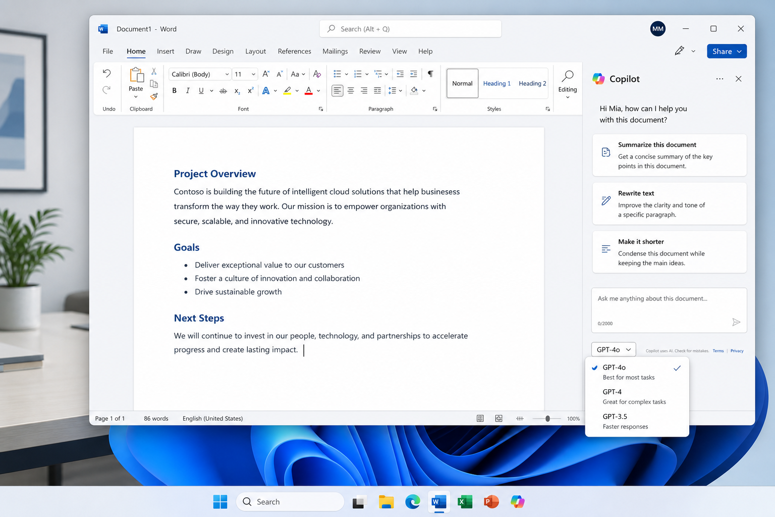 Copilot with Grok model selector shown inside Microsoft Word interface
