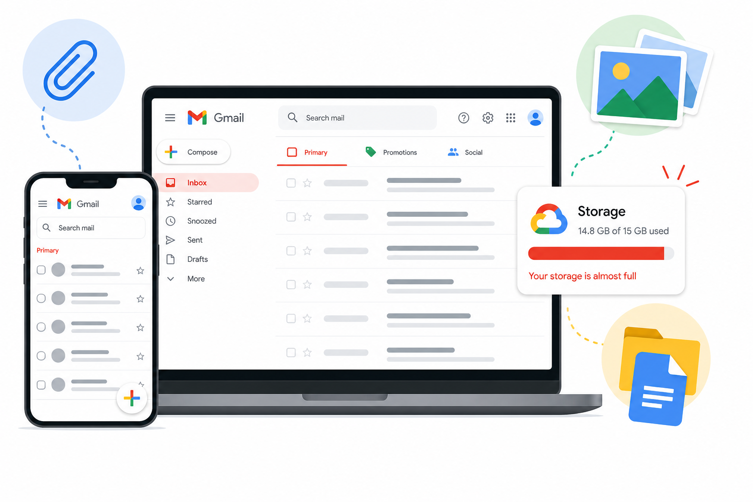 Illustration showing Gmail storage nearly full with file icons