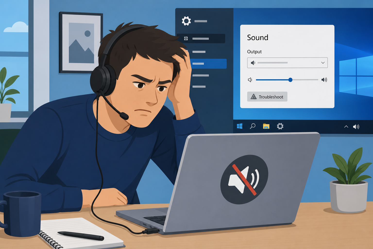 Windows 11 audio bug shown by muted speaker icon on laptop screen
