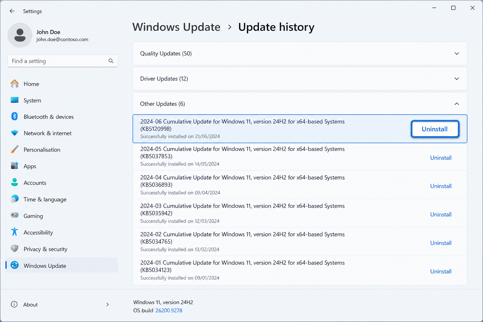 Windows 11 Settings showing KB5120998 in update history ready to uninstall
