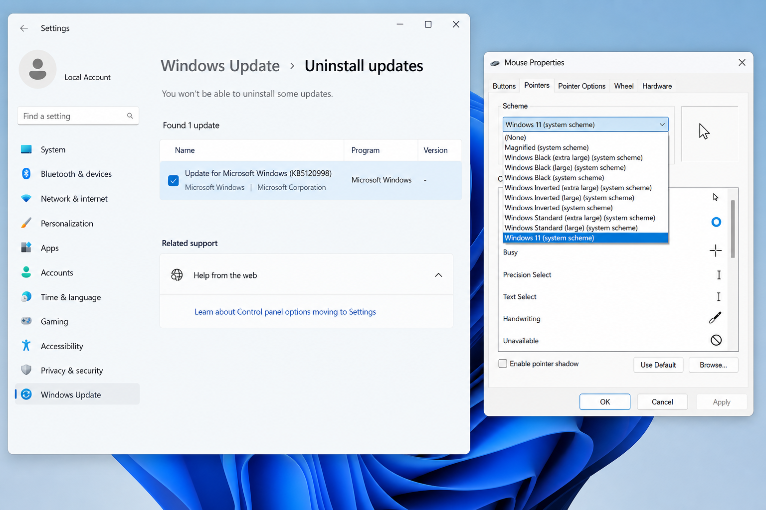 Windows 11 cursor fix steps showing uninstall update and mouse pointer settings