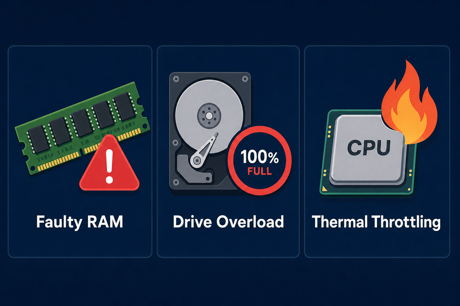 Three causes of a frozen unresponsive PC: RAM, disk, and CPU