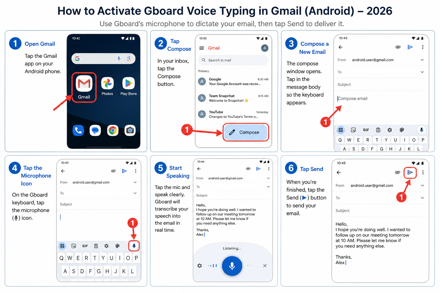 Gmail voice commands setup steps shown on Android phone with Gboard keyboard
