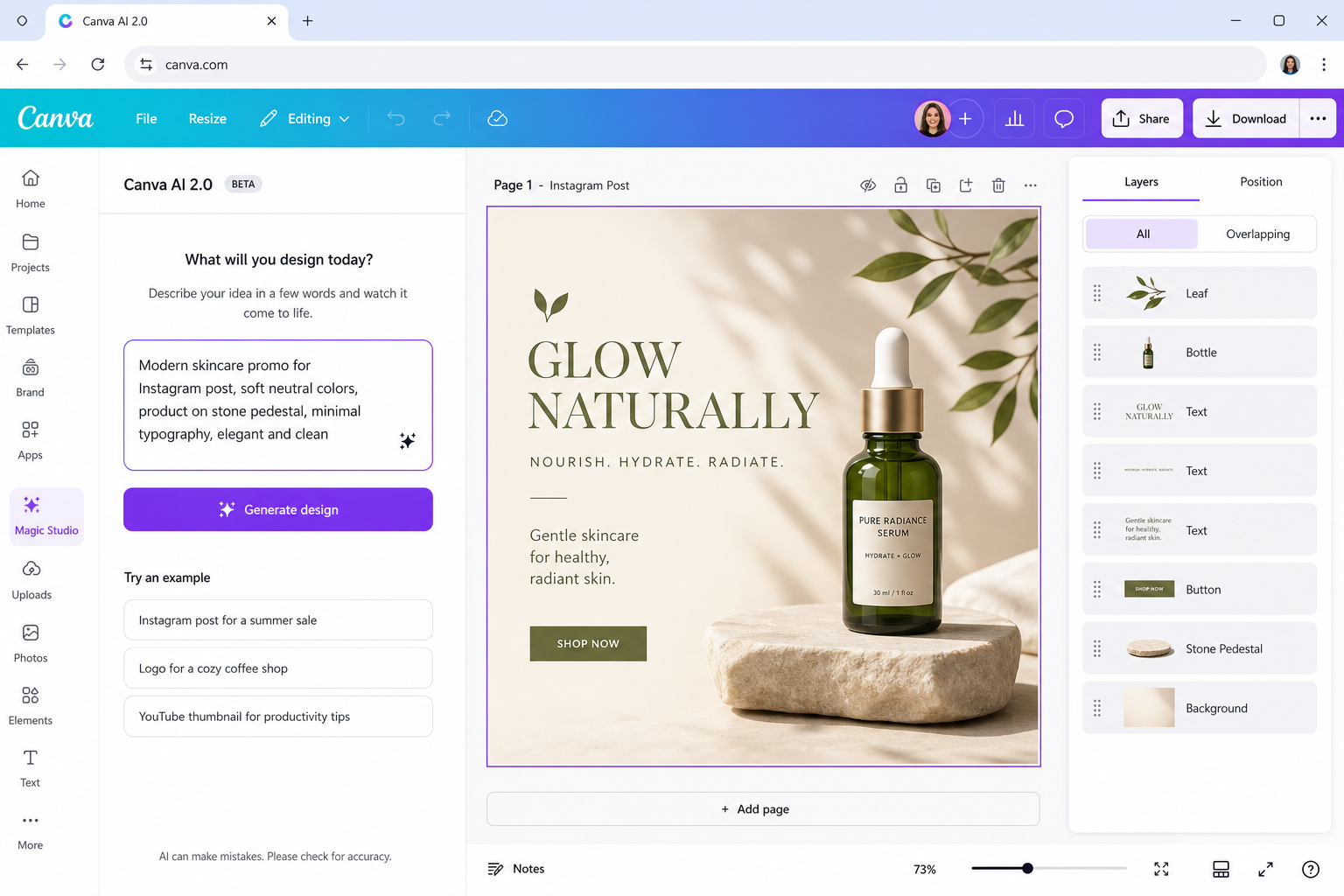 Canva AI 2.0 generating editable layered design layout from a text prompt