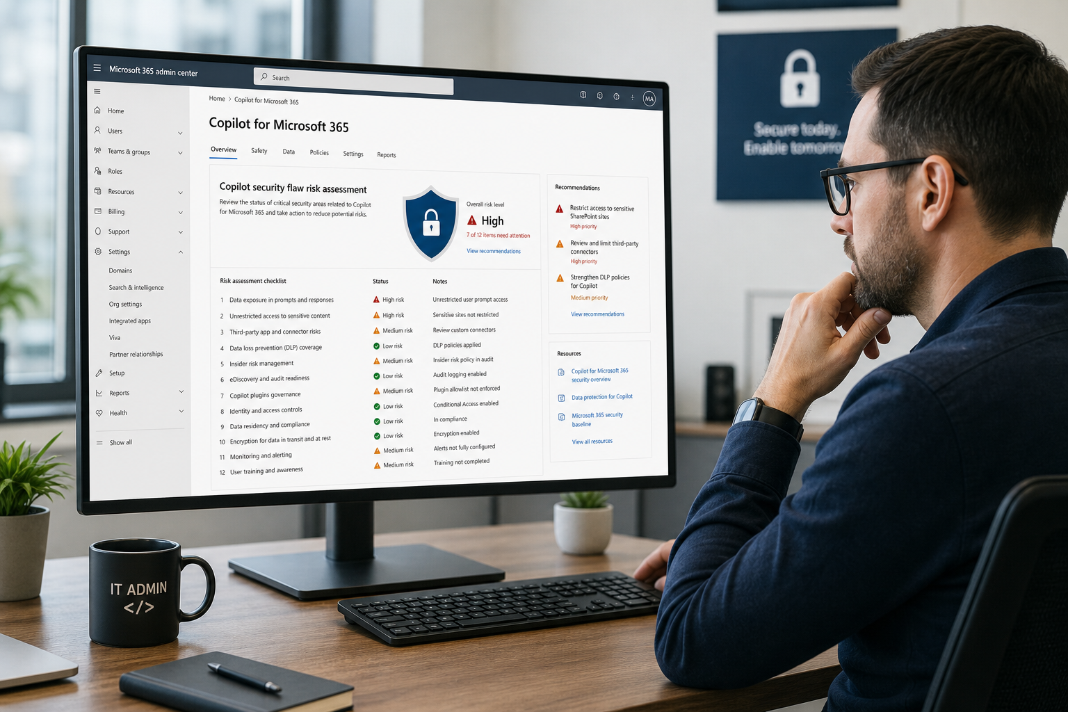 IT administrator assessing Copilot security flaw exposure in Microsoft 365 environment