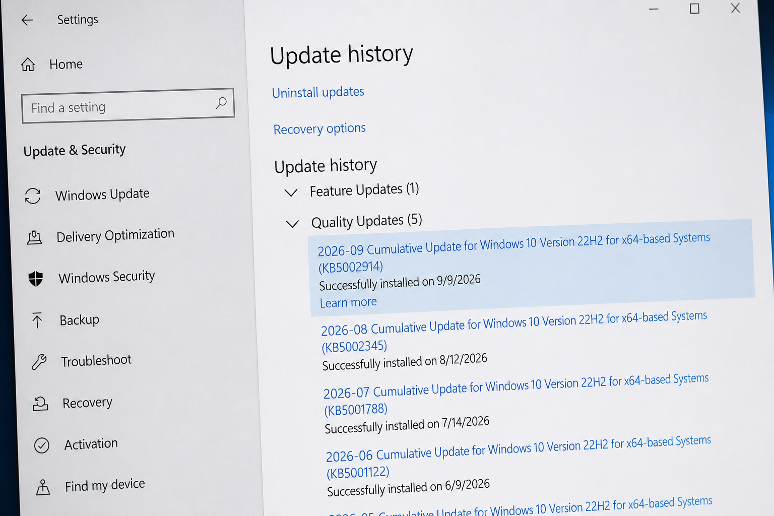 Windows Update History showing KB5002914 Excel copy-paste bug update installed