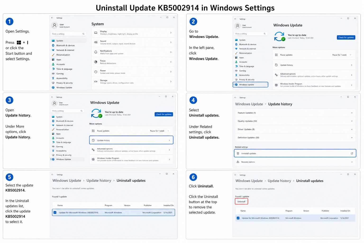 Uninstalling KB5002914 workaround steps in Windows Settings panel