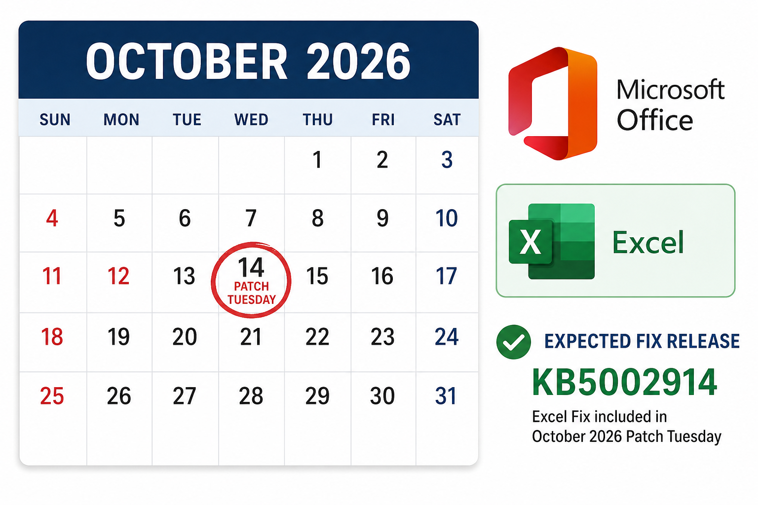 October 2026 Patch Tuesday calendar marking expected Excel KB5002914 fix date