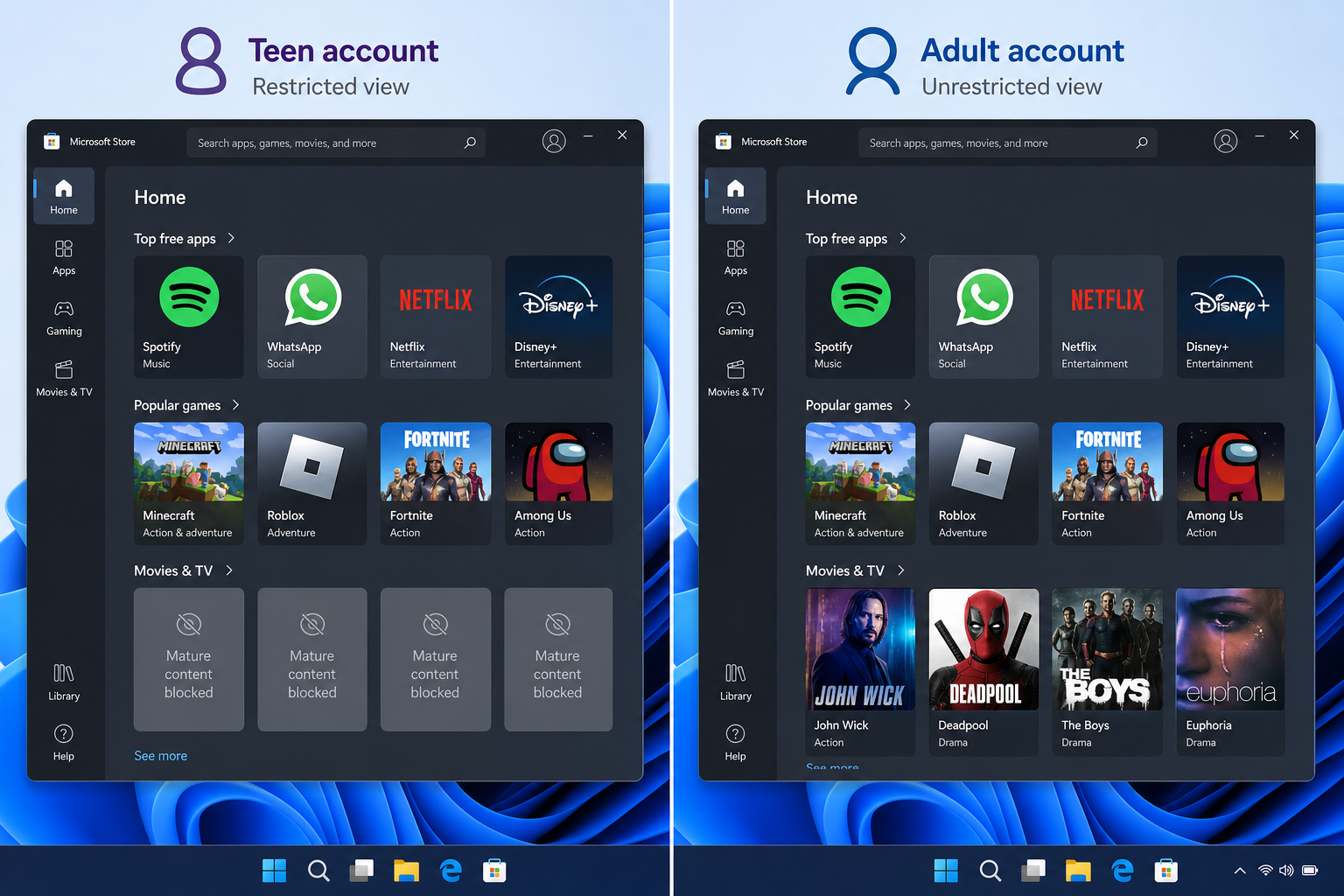 Windows age verification restricting mature content for teen account versus adult account