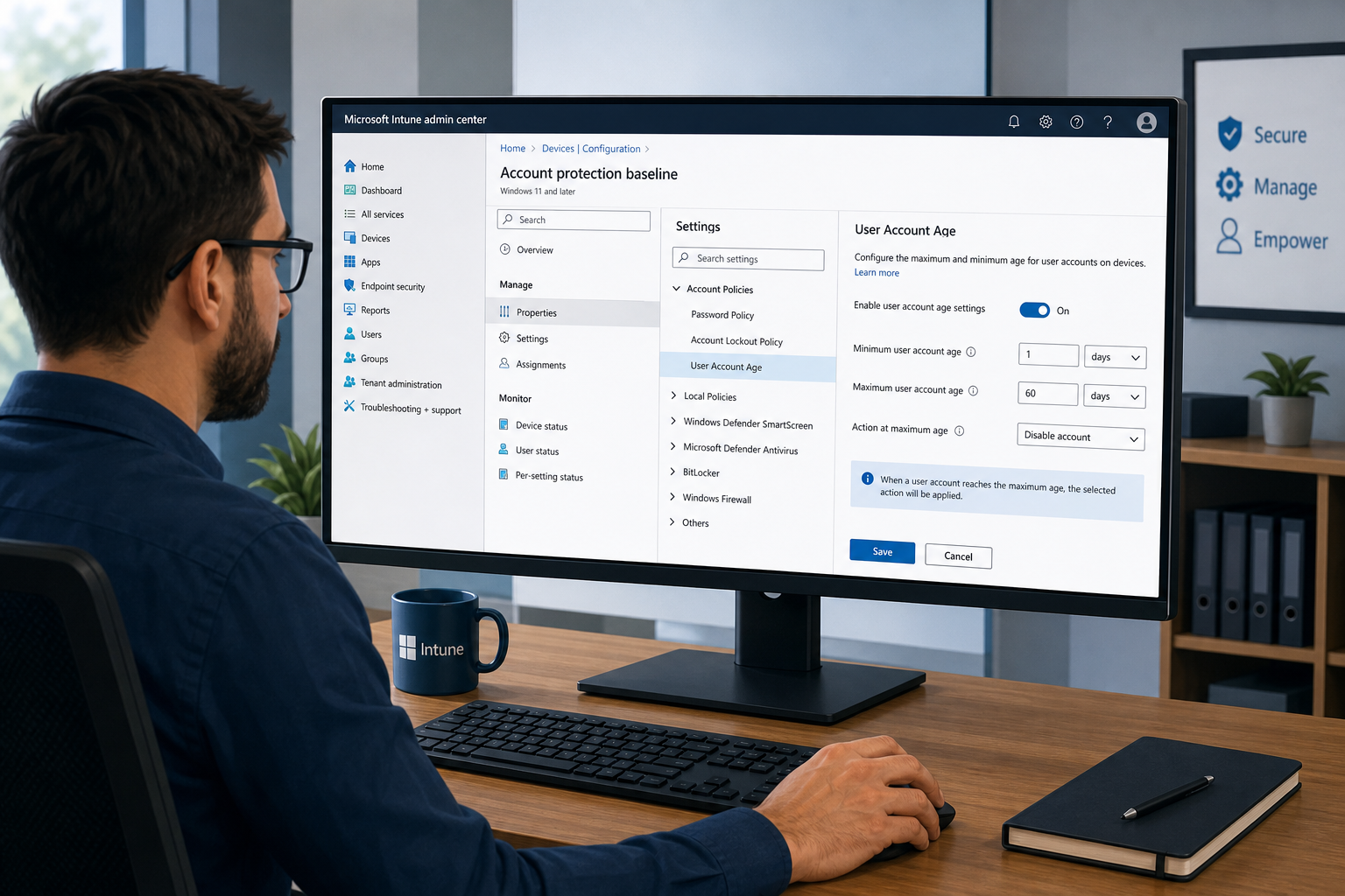 IT administrator configuring Windows 11 age verification policies in Microsoft Intune dashboard