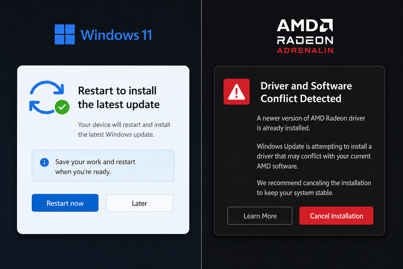 AMD GPU driver crash conflict diagram showing Windows 11 update incompatibility