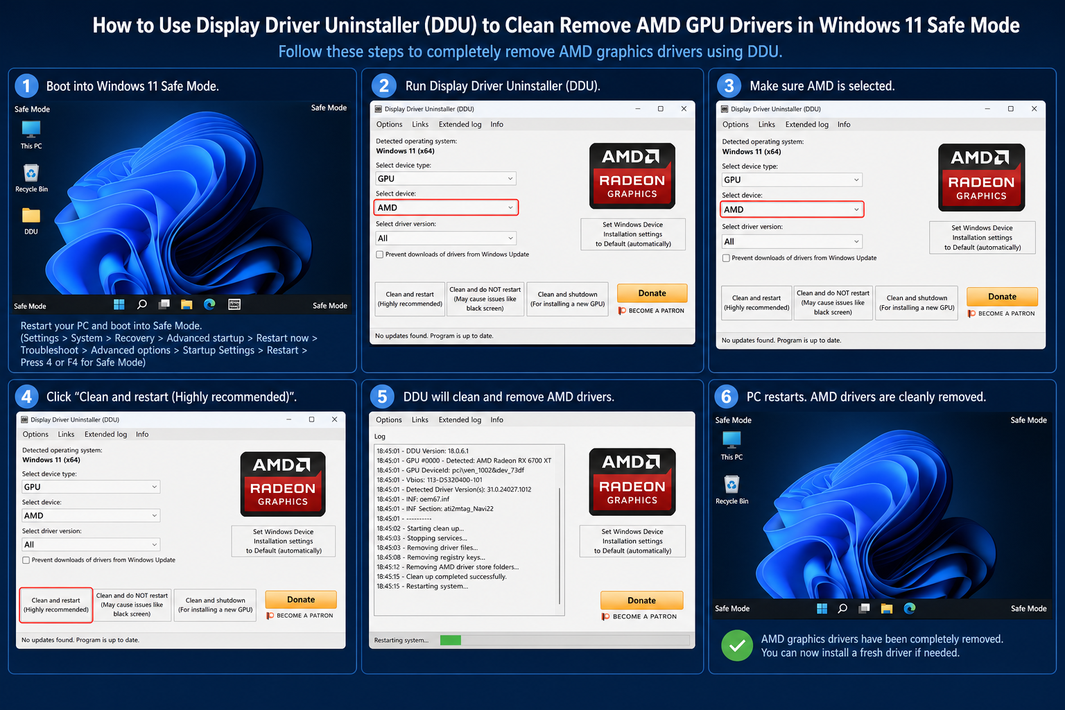 Display Driver Uninstaller removing AMD GPU driver on Windows 11 Safe Mode