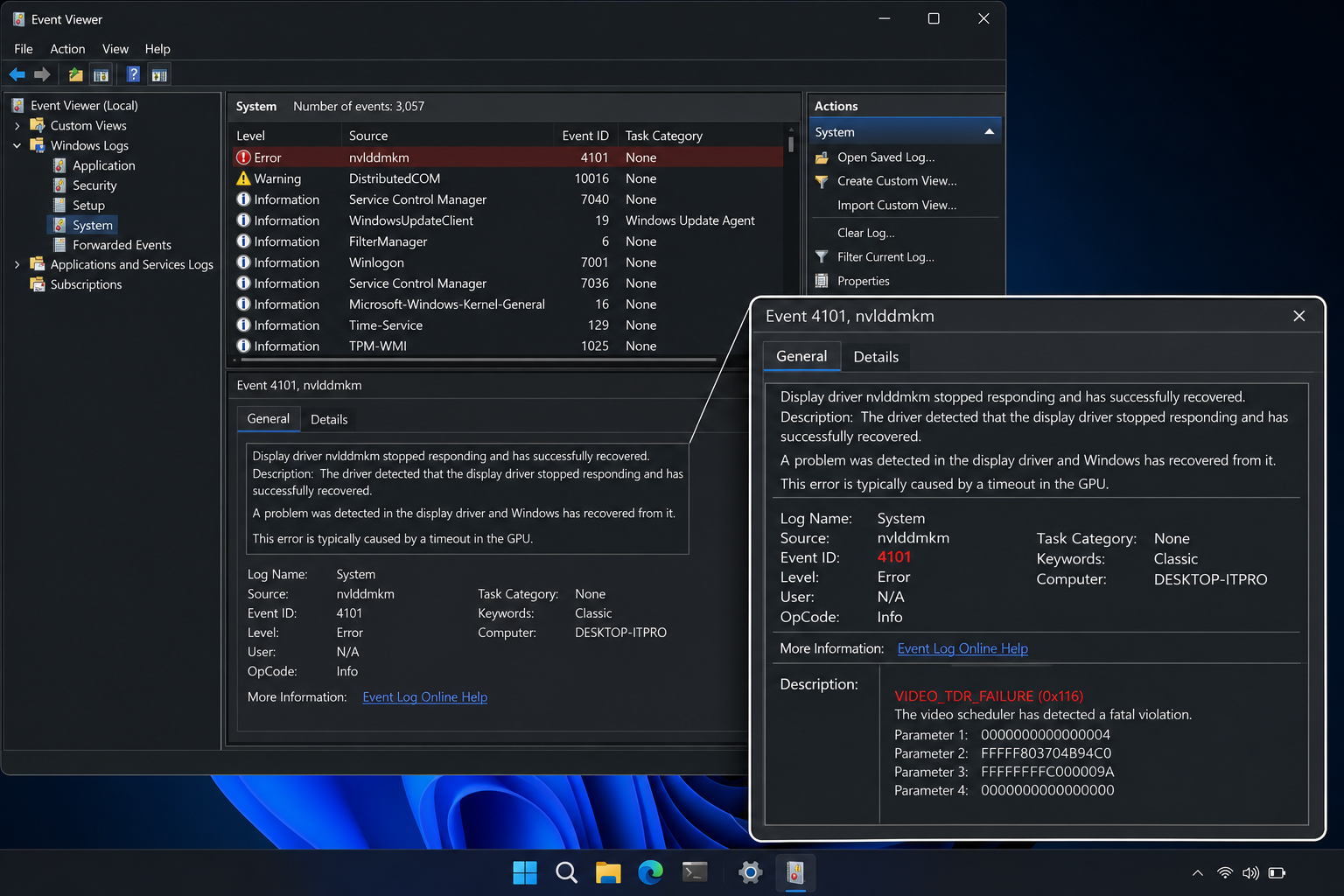 Windows 11 Event Viewer showing AMD GPU driver crash stop code VIDEO TDR FAILURE