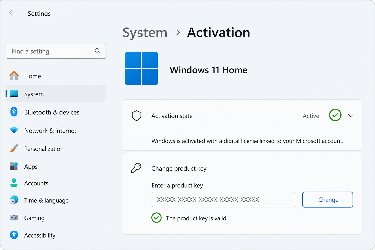 Windows 11 Pro activation screen accepting a valid product key