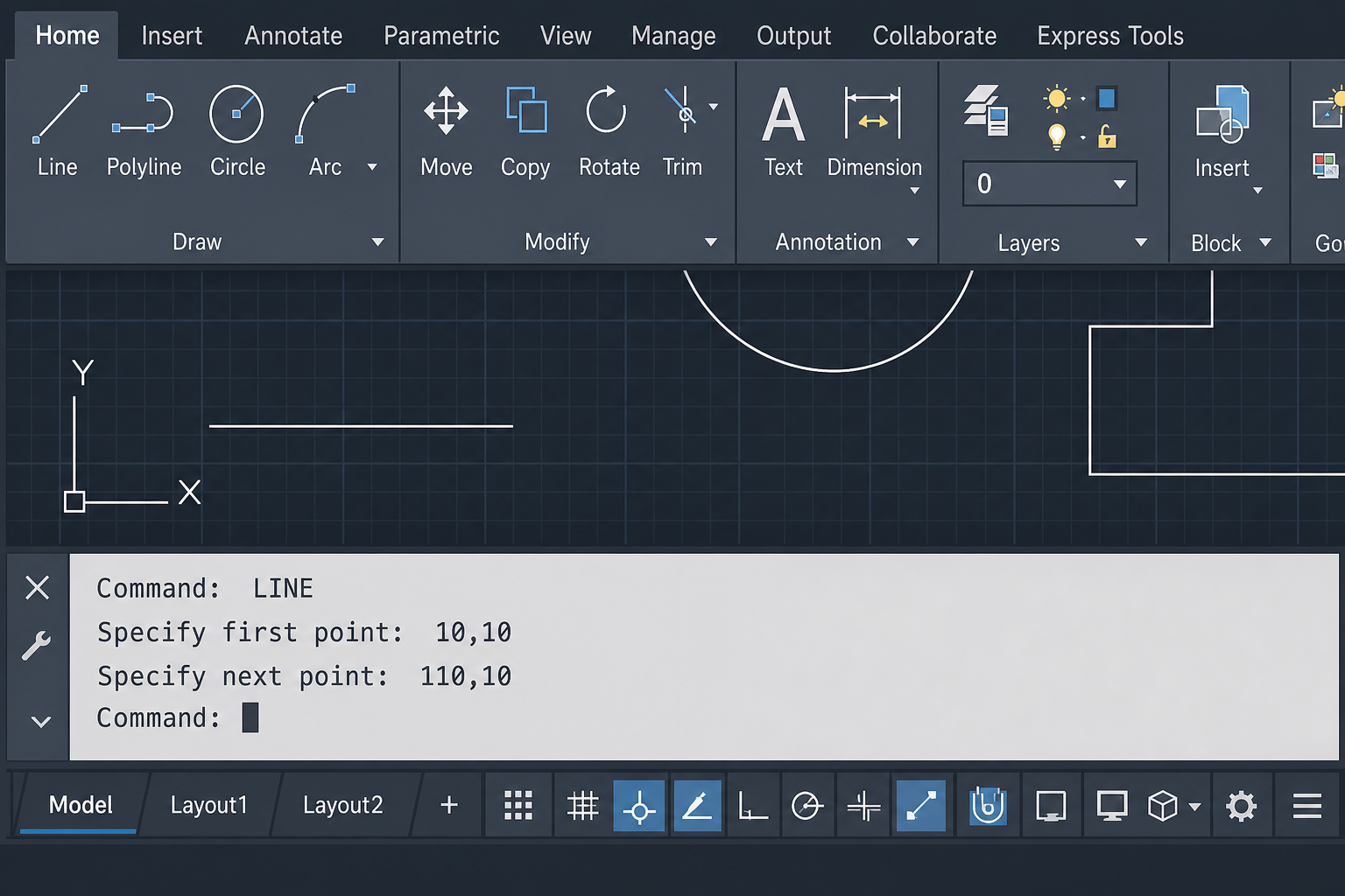 AutoCAD for beginners interface layout with ribbon and command line