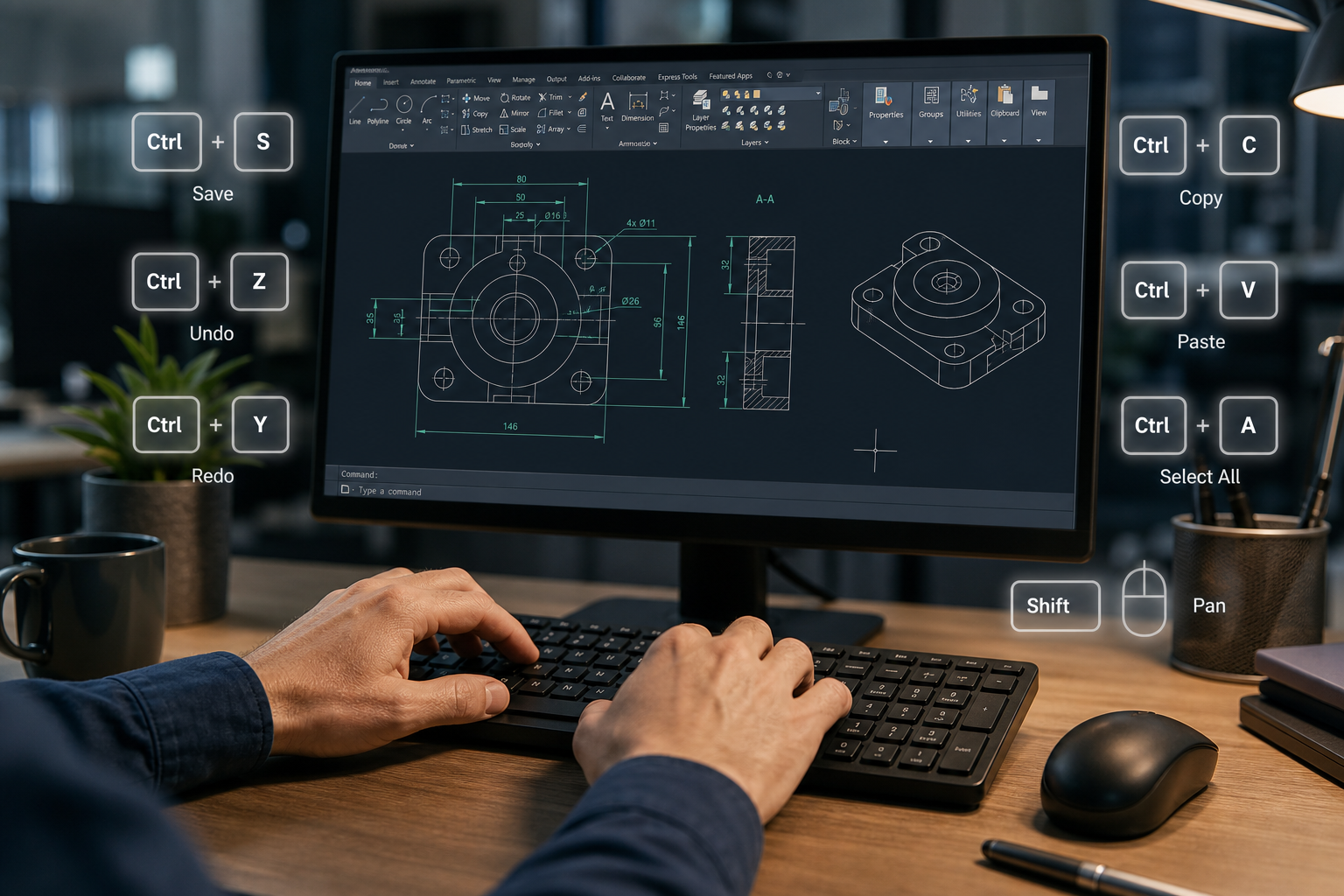 designer using keyboard shortcuts while learning AutoCAD basics