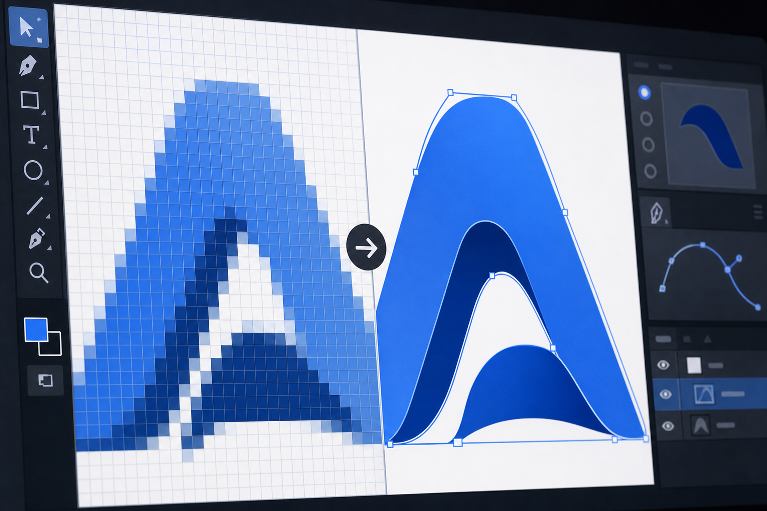 Designer converting pixelated bitmap image using vector tracing software