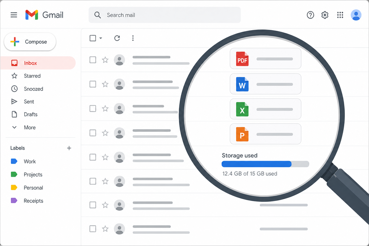 Magnifying glass finding large files filling gmail storage