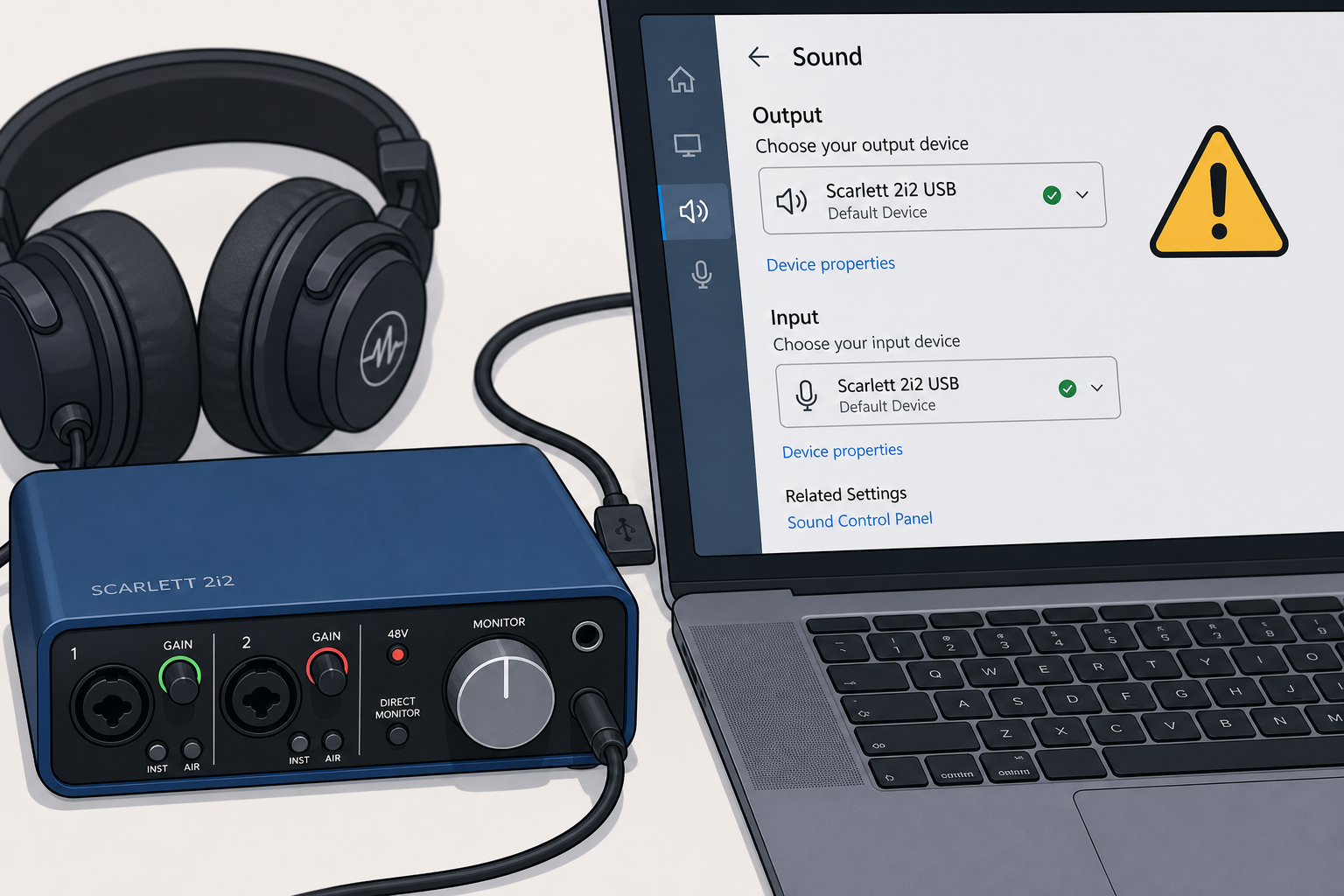 USB audio device showing warning icon from Windows 11 audio bug