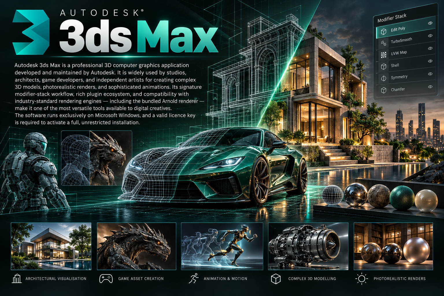 Autodesk 3ds Max Wireframe to Reality Autodesk 3ds Max promo showing a green sports car morphing from wireframe, a modern villa, modifier stack panel, and five feature thumbnails below.