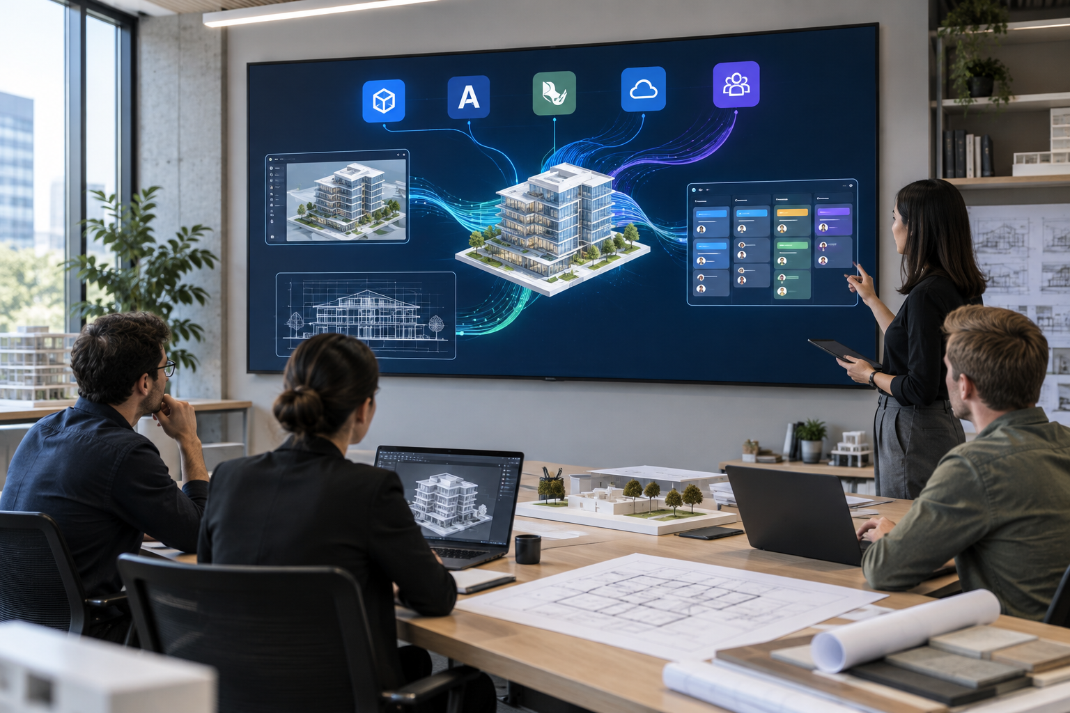 Architect viewing connected Autodesk AECO integrations on a studio screen