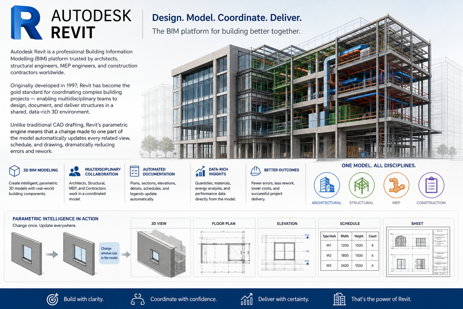 Infographic titled Autodesk Revit shows a building cutaway with MEP systems, feature icons, and parametric window diagrams across disciplines.