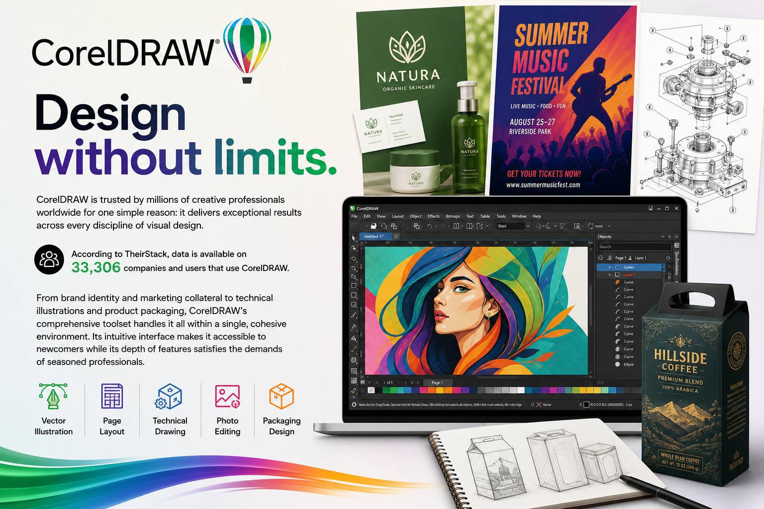 CorelDRAW promo showing a laptop with colorful illustration, Natura skincare branding, concert poster, and coffee box.