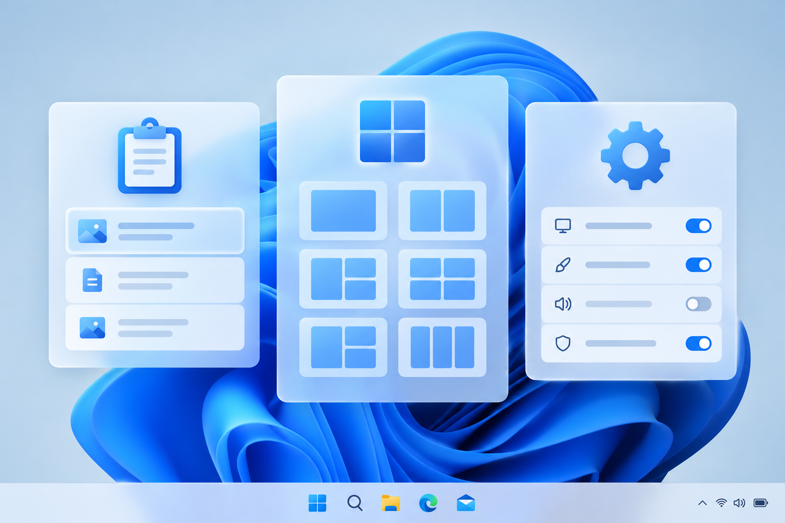 Desktop dashboard illustrating hidden Windows 11 features like snap layouts
