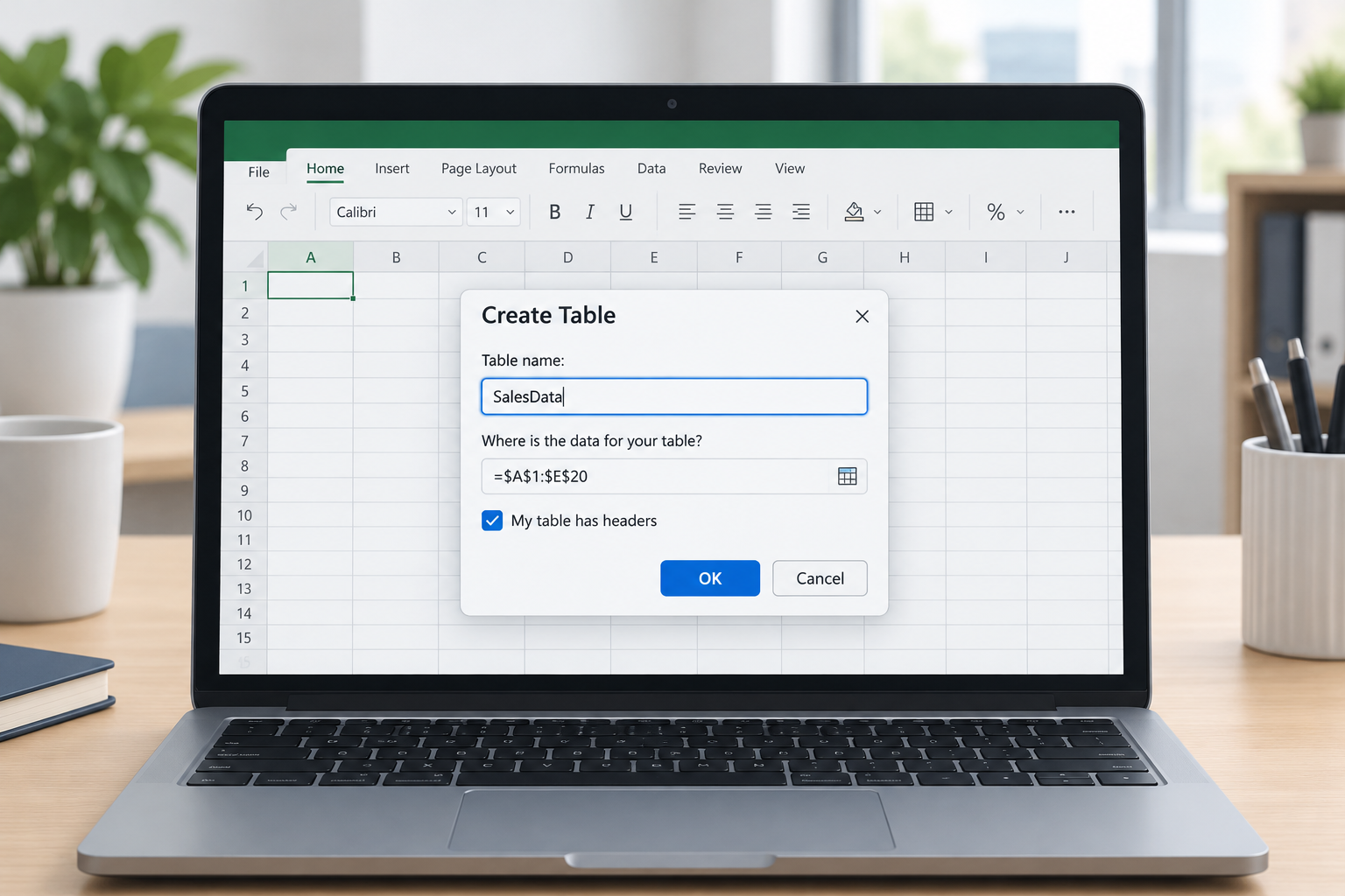 Excel spreadsheet showing new excel table naming option in dialog box
