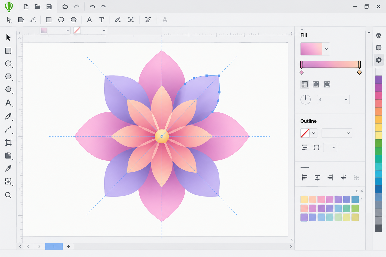 Vector editor displays a layered flower illustration in pink, purple, and orange with Fill and Outline panels open on the right.