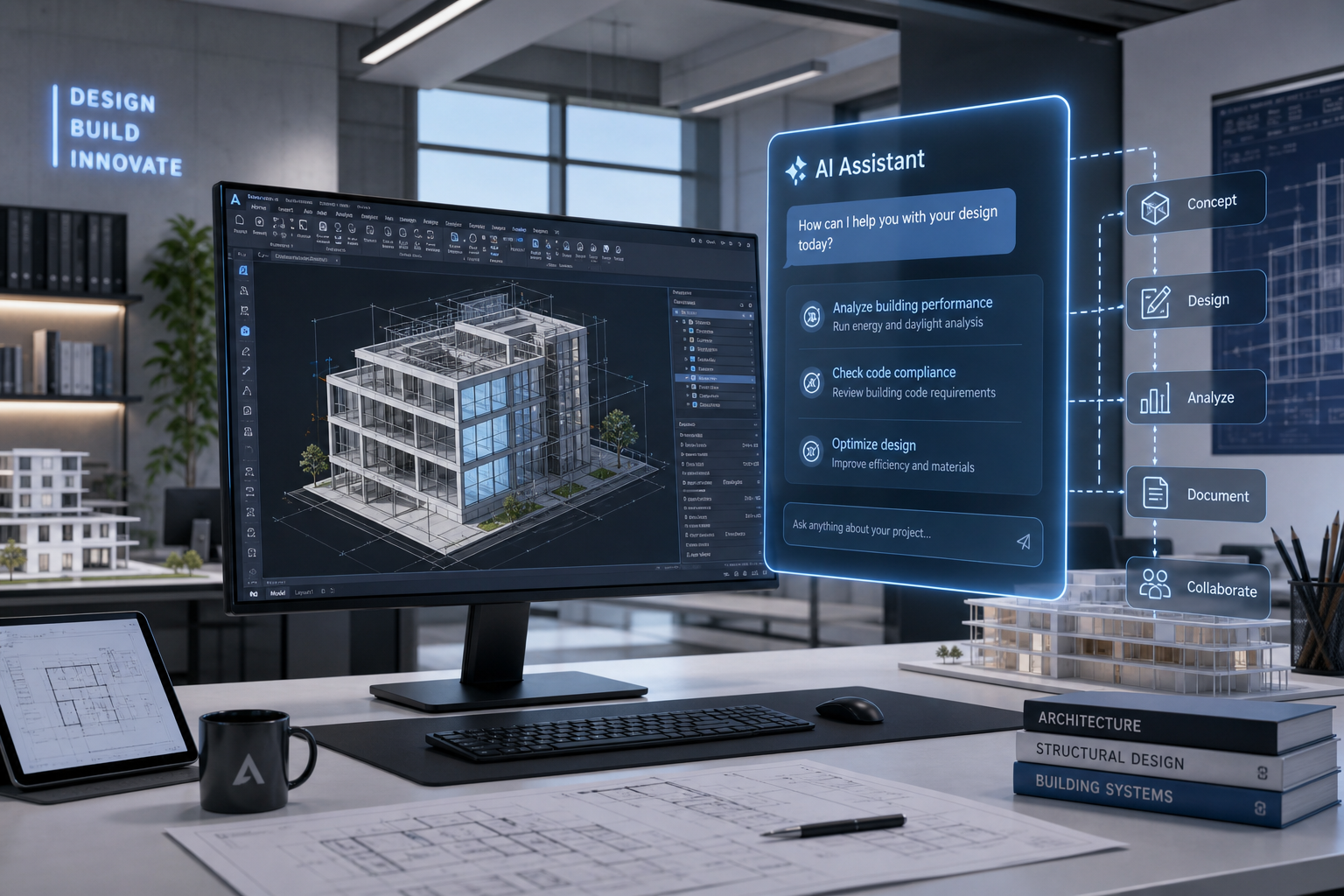Architect using Autodesk AI Assistant across connected design software on screen