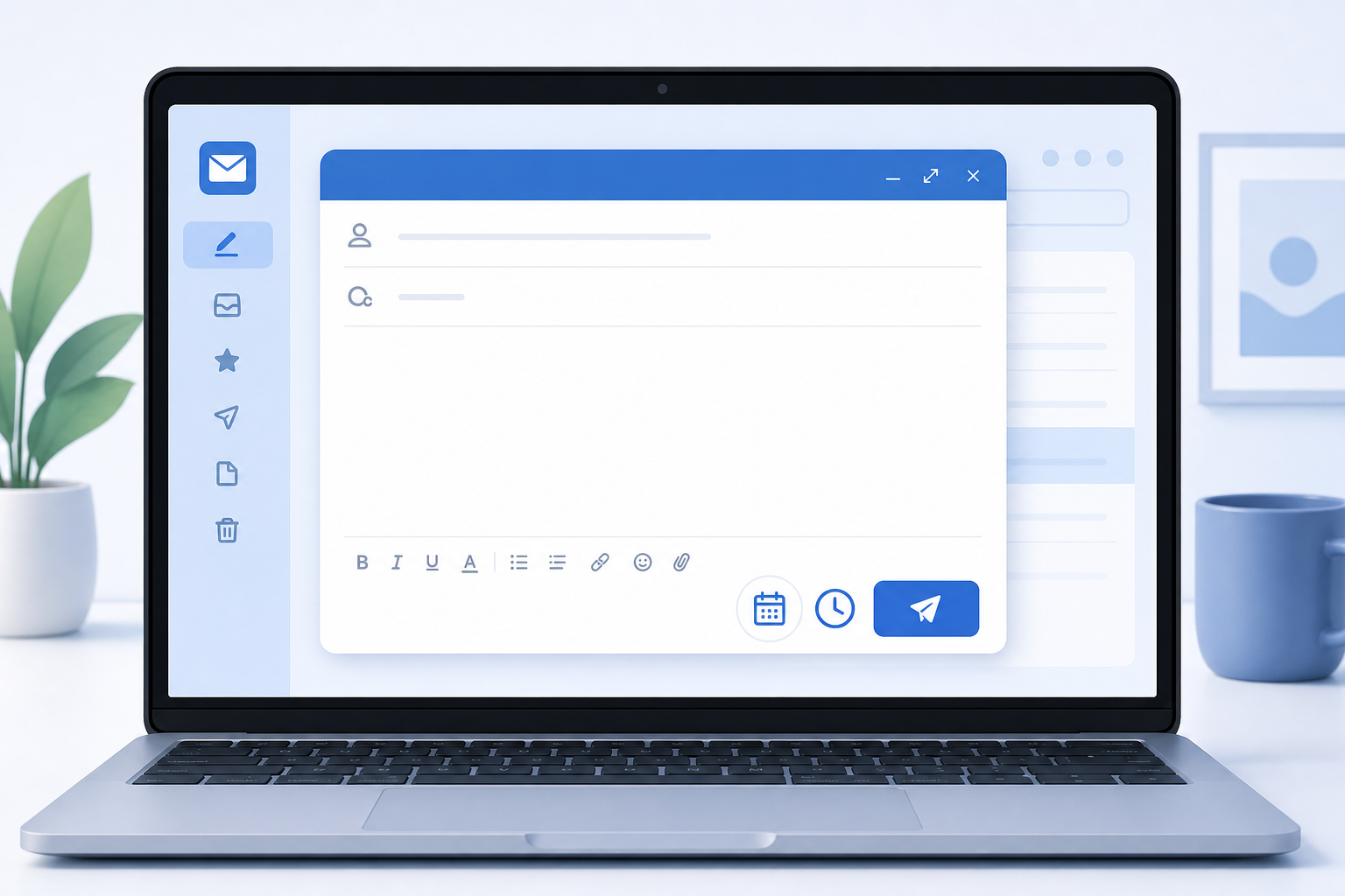 A person using the schedule email in Gmail function on laptop with clock icon