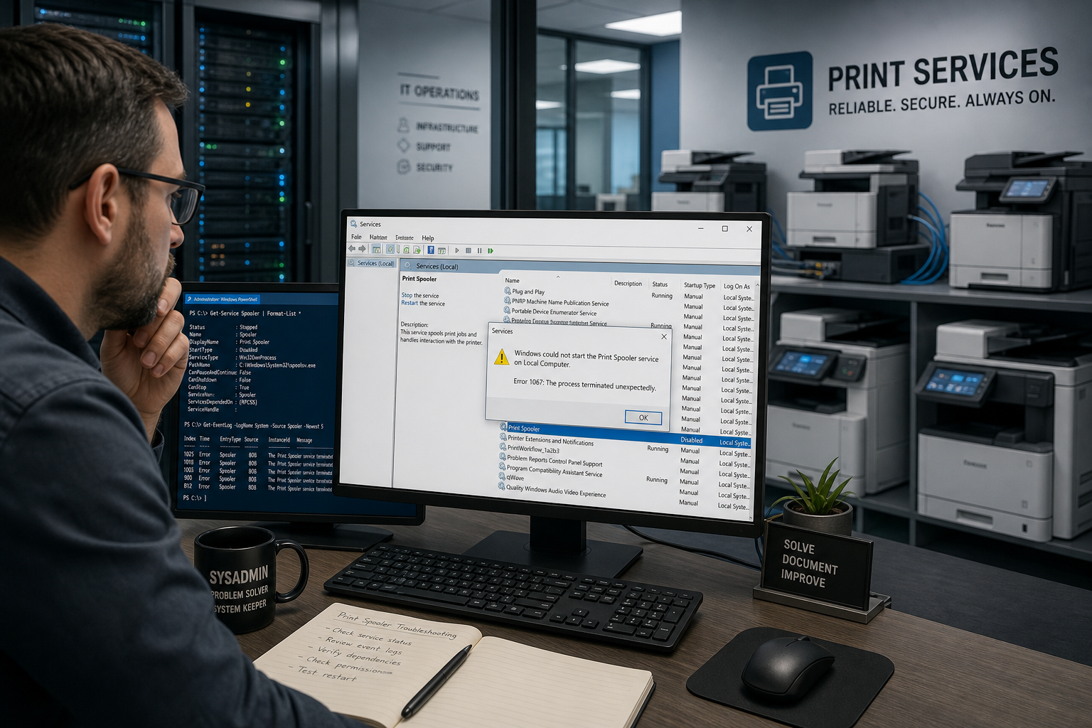 IT admin diagnosing print spooler crash on Windows print server