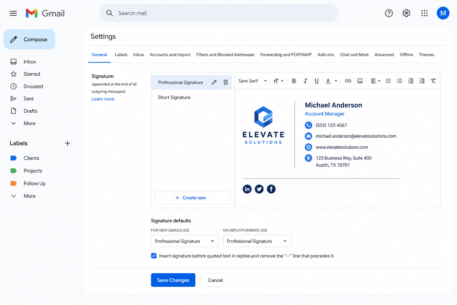 Gmail settings screen showing an email signature being created