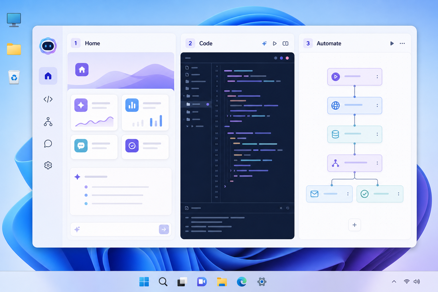 New Copilot interface showing Home, Code, and Autopilot panels