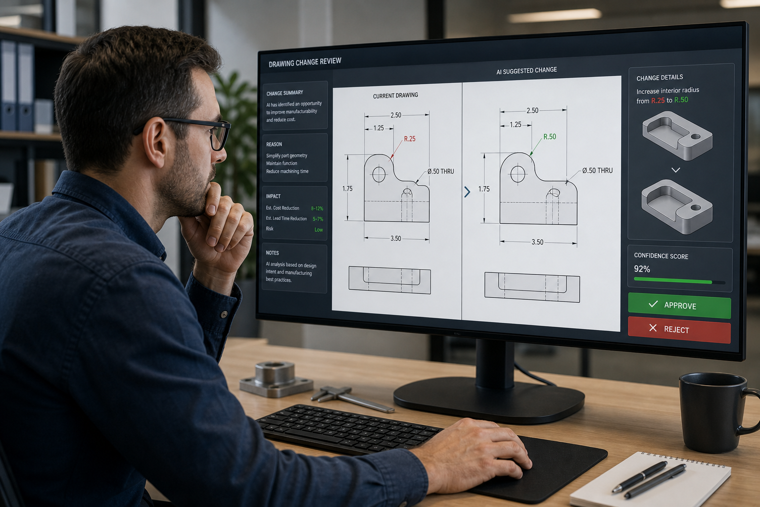 Engineer reviewing Autodesk AI Assistant suggested design changes