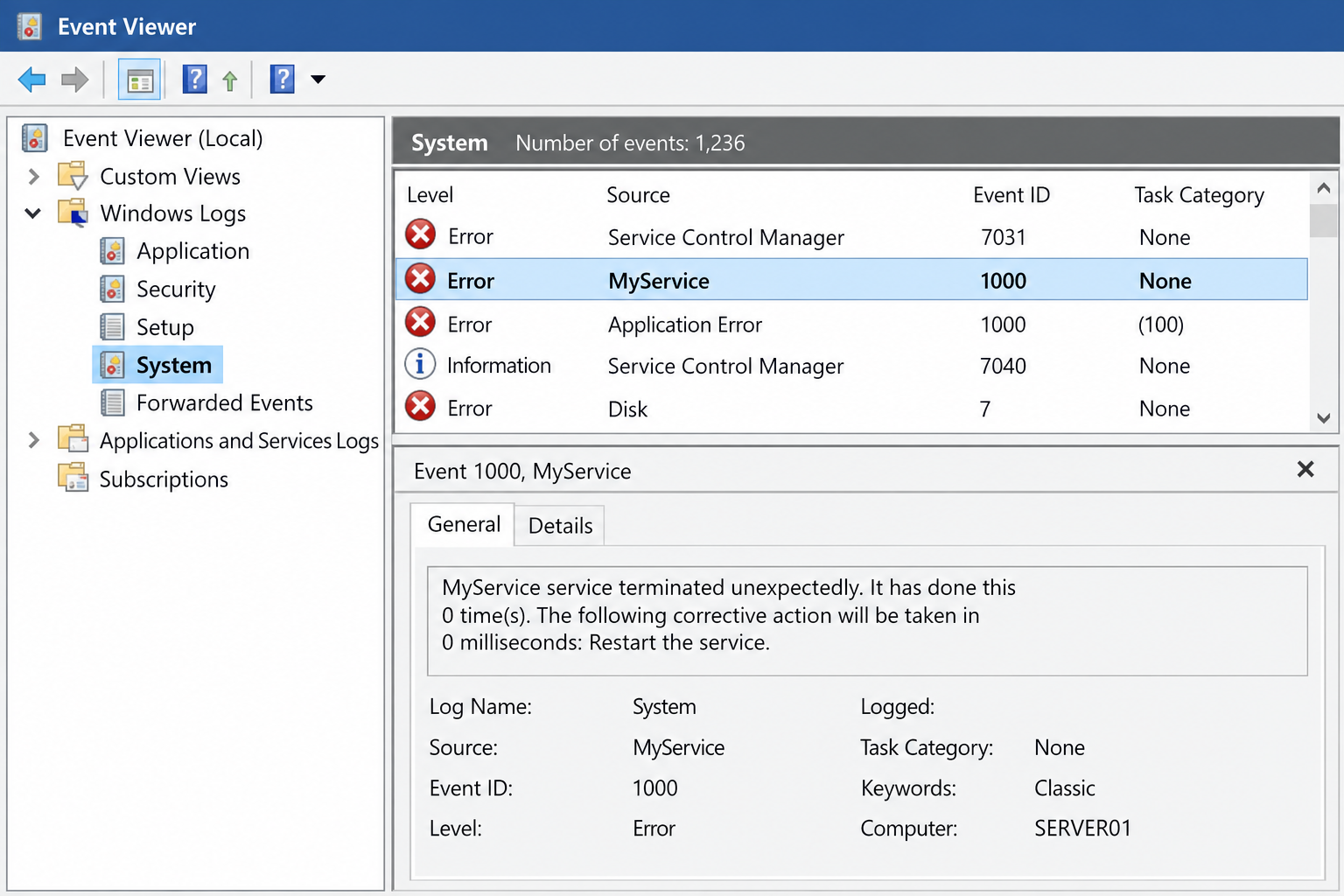 Event Viewer log showing print spooler service crash entry