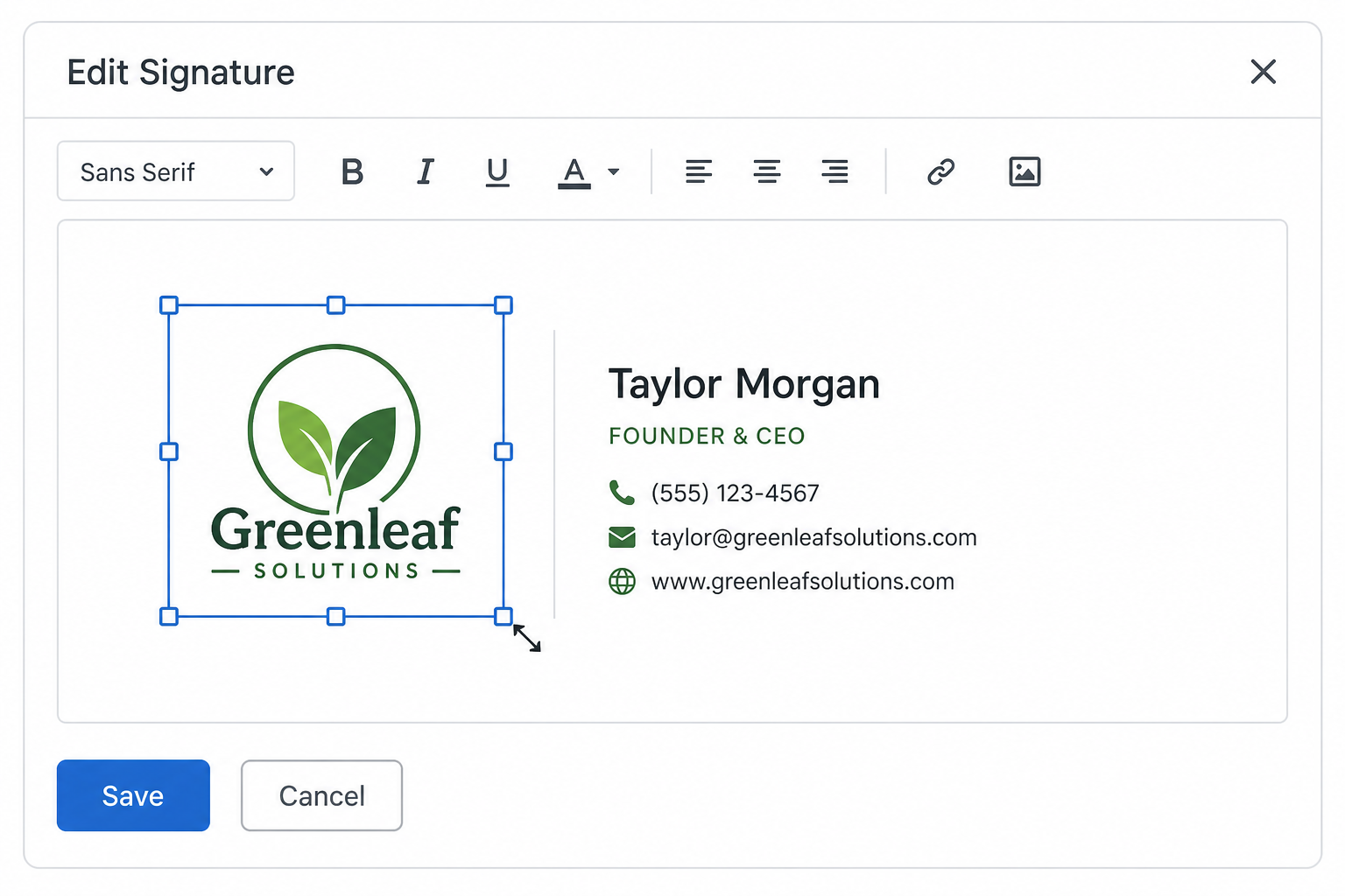 Resizing a logo image inside an email signature editor