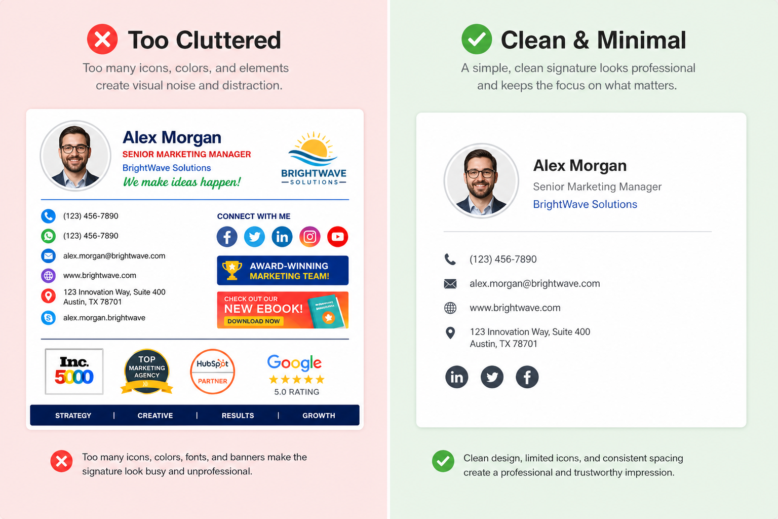 Comparison of a cluttered versus a clean email signature design