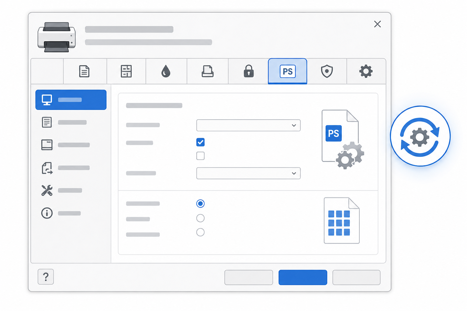 Printer driver settings dialog relevant to printing issues in CorelDRAW Printer driver settings dialog relevant to printing issues in CorelDRAW
