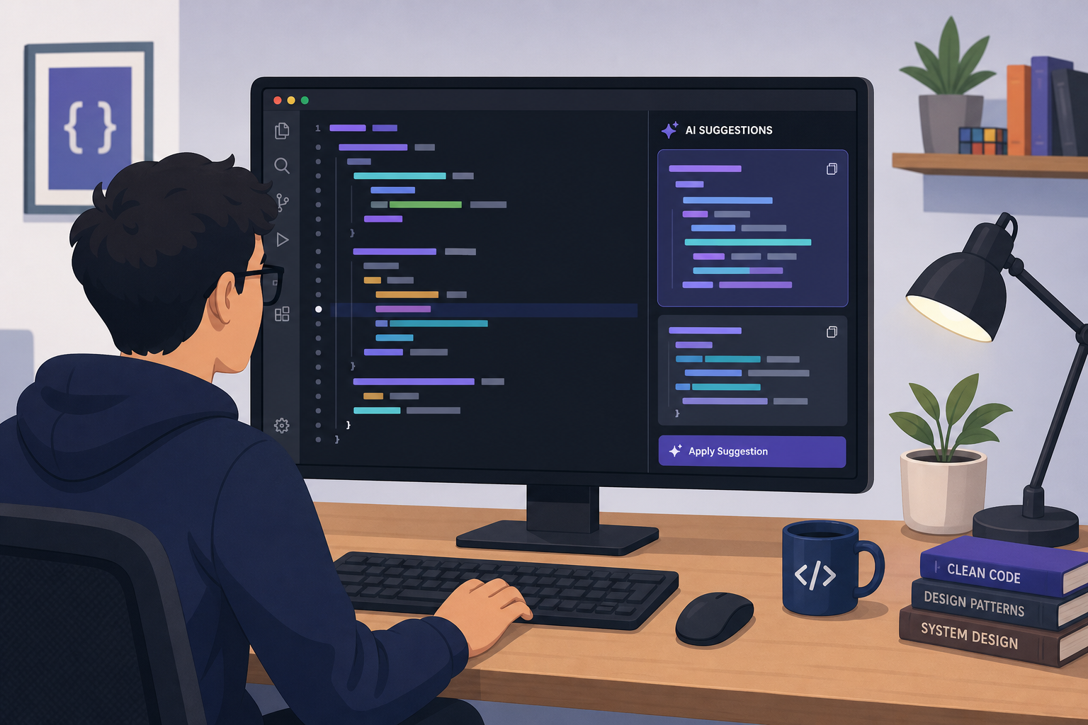 Developer using code assistance panel beside editor window Developer using code assistance panel beside editor window