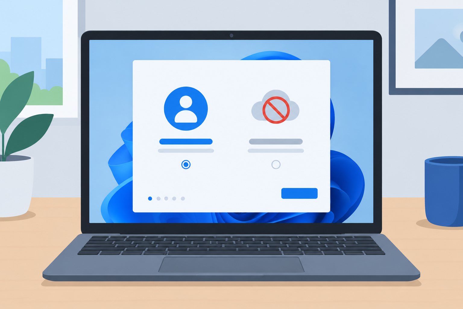 Laptop screen showing how to bypass Microsoft account Windows 11 setup options