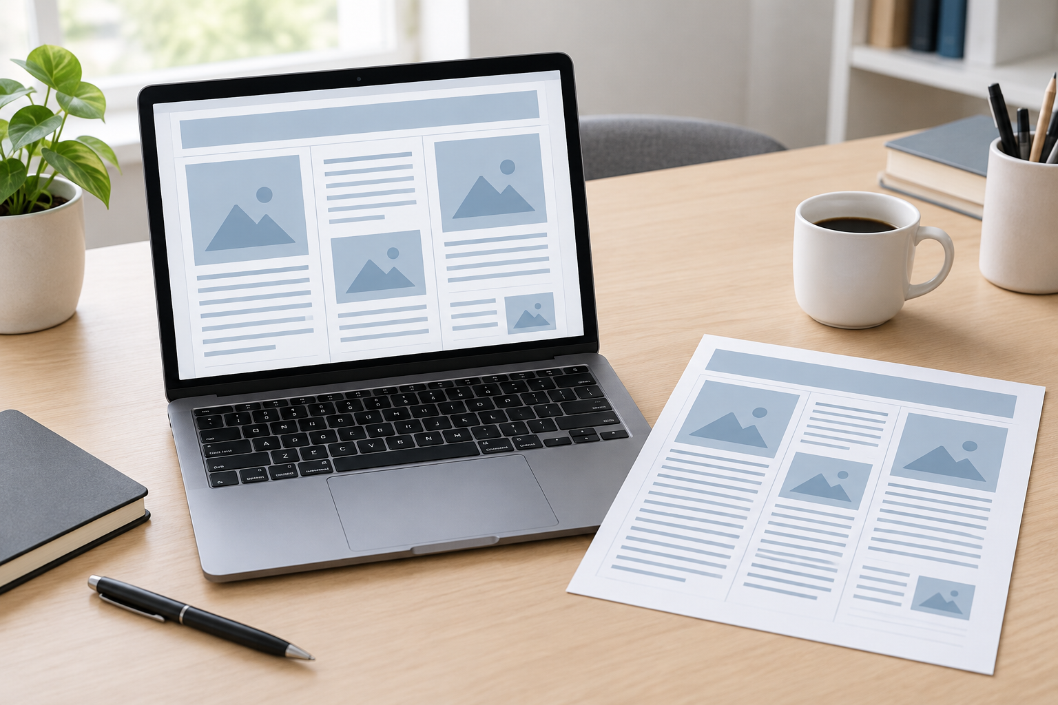 Laptop showing newsletter layout grid representing a Publisher alternative for newsletters