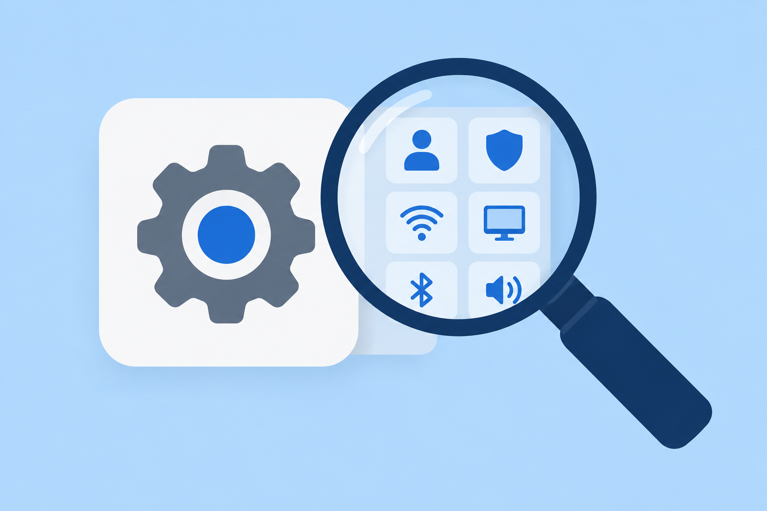 Magnifying glass revealing hidden Windows 11 features in settings menu