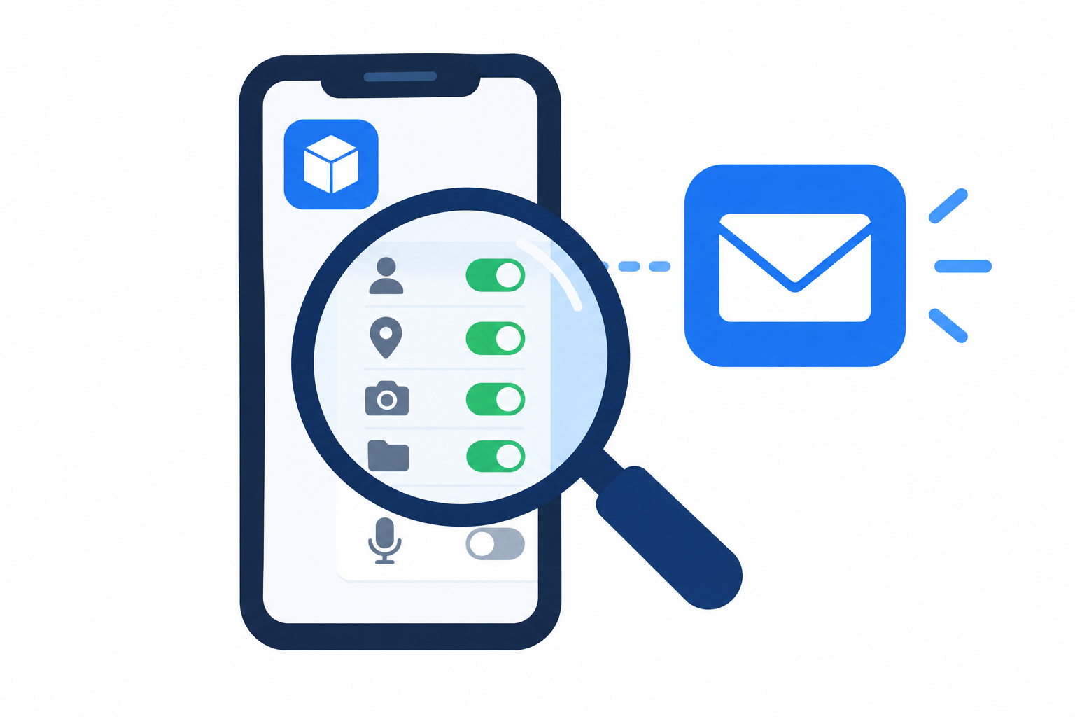 Magnifying glass reviewing app access linked to authentication failure