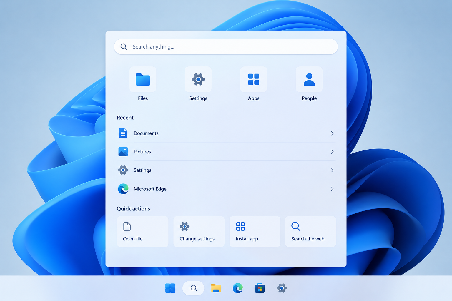 Ny Windows Søgepanelgrænsefladeåbning over a Windows 11 Taskbar