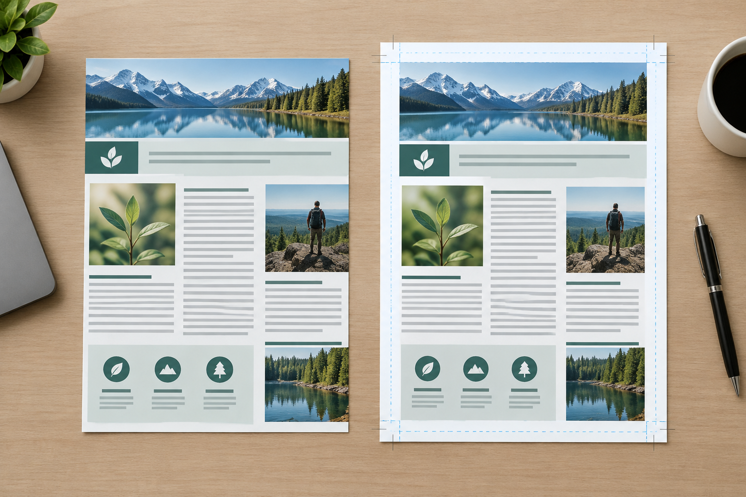 Printed newsletter pages comparing layout and bleed for print production