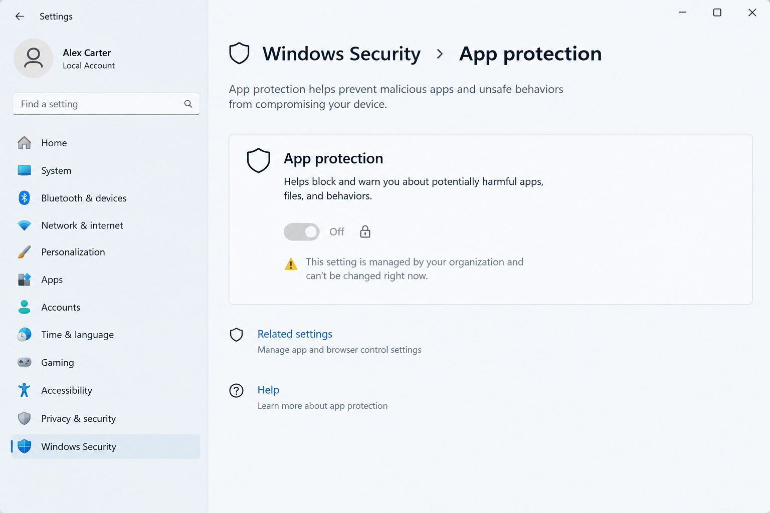 Smart App Control toggle grayed out in Windows 11 security settings