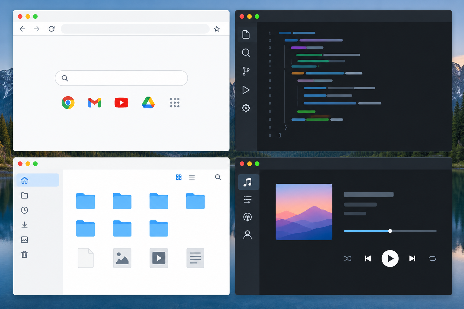 Snap layout grid organizing four app windows for multitasking