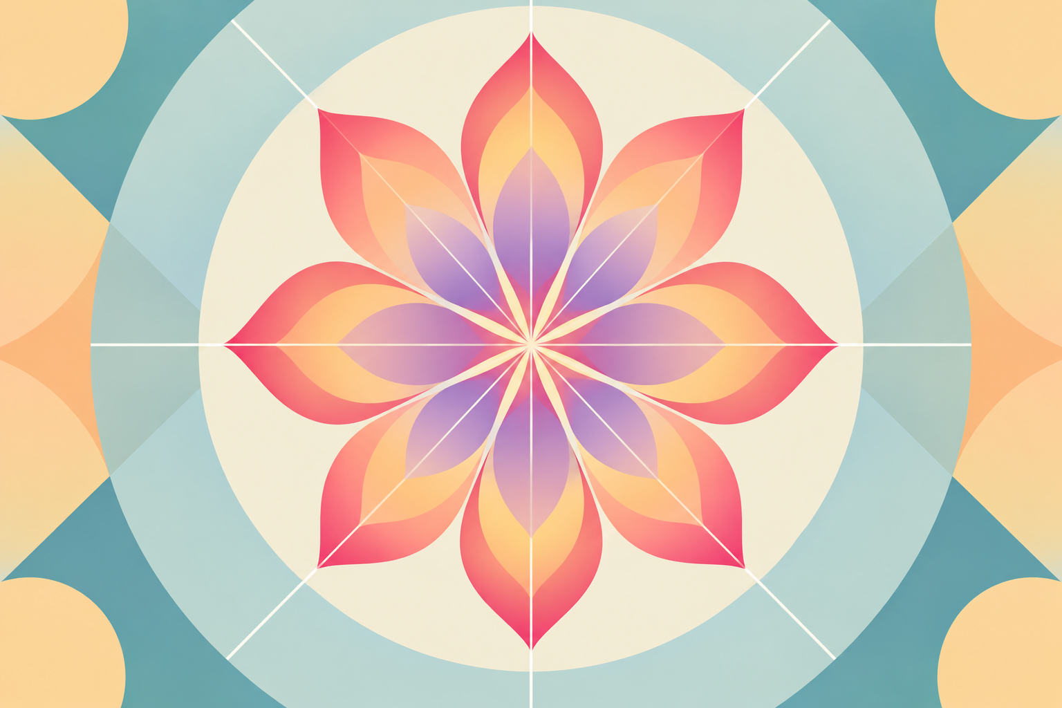 Eight-petaled flower mandala in pink, orange and purple gradients sits on a teal and cream circular background.